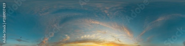 Fototapeta Seamless 360 HDR spherical panorama of sunset sky with vibrant pink Cirrus clouds. Full zenith or sky dome in 3D, sky replacement for aerial drone panoramas. Climate and weather change.