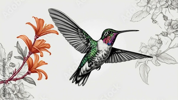Fototapeta Vibrant Hummingbird in Detailed Flight with Botanical Elements Illustration