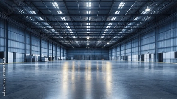 Obraz Vast empty warehouse interior with polished concrete floor and high ceiling.