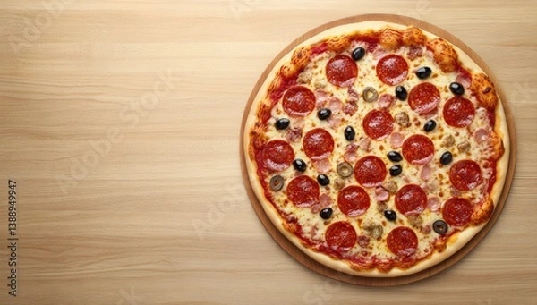 Fototapeta Delicious Pepperoni Pizza with Olives on a Wooden Board Overhead