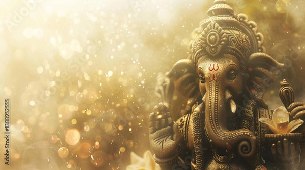 Fototapeta Lord Ganesha statue bathed in soft golden light, symbolizing wisdom, prosperity, and divine blessings. The warm glow enhances the intricate details of the sculpture, creating a sacred and tranquil 