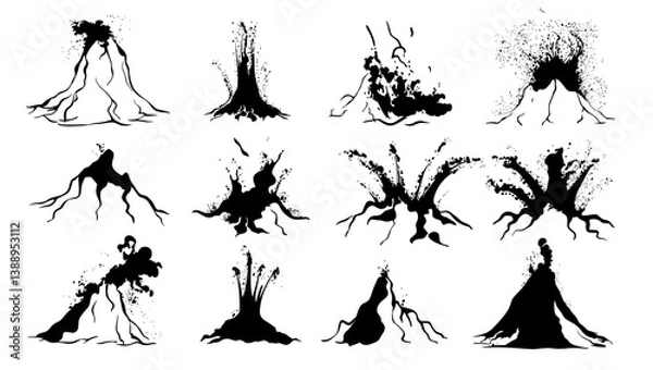 Obraz Active volcano with magma and fire. Silhouettes set. Ash eruption fire collection.