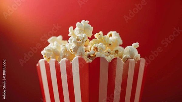 Fototapeta Top-down view of popcorn in a box placed on a vibrant red studio background, Movie nights or theater snacks. Perfect for food, entertainment, or promotional themes. Copy paste empty place for text