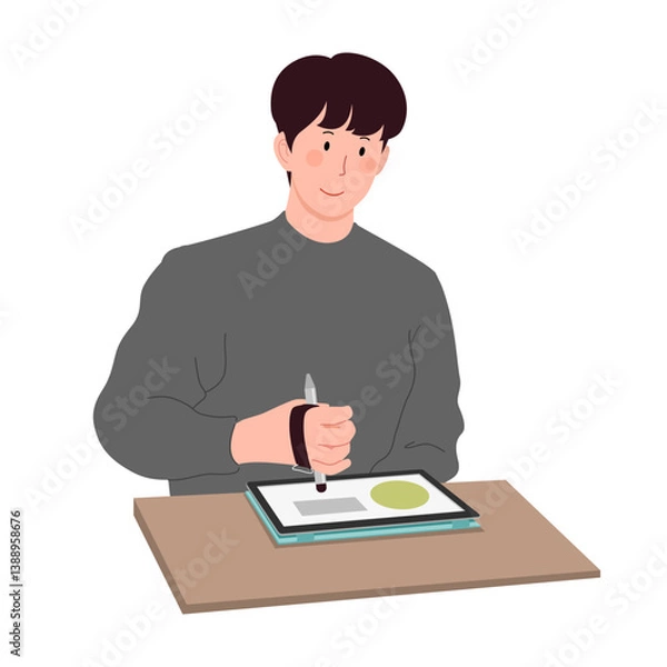 Fototapeta man with cervical spinal cord injury using pen holding device to write something on a tablet