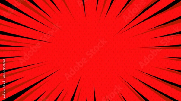 Fototapeta Comic pop art background. Vintage retro design. Red radial backdrop with halftone elements and bubble.