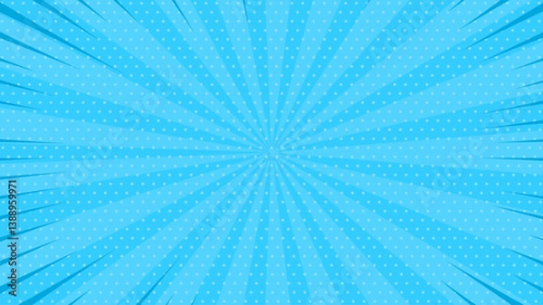 Fototapeta Comic pop art background. Vintage retro design. Blue radial backdrop with halftone elements and bubble.