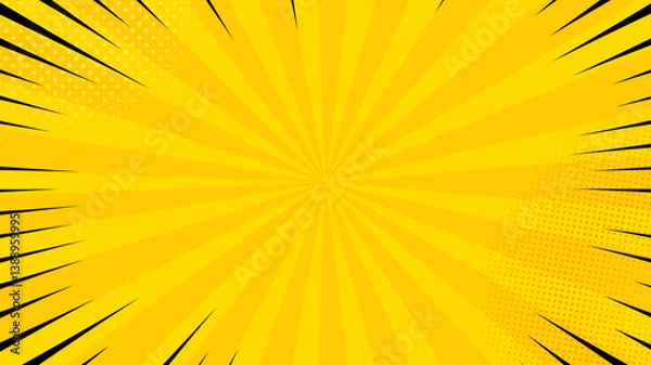 Fototapeta Comic pop art background. Vintage retro design. Yellow radial backdrop with halftone elements and bubble.