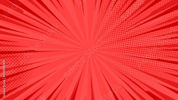 Fototapeta Comic pop art background. Vintage retro design. Red radial backdrop with halftone elements and bubble.