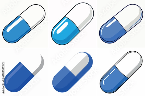 Fototapeta Collection of Six Different Blue and White Capsule Pills Illustrations