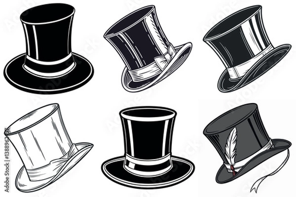 Fototapeta Collection of Six Elegant Top Hats in Various Styles and Colors