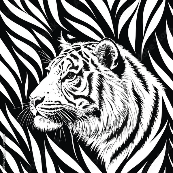 Fototapeta Seamless Tiger Stripe Pattern with Tiger Head Illustration in Center – Black and White Vector