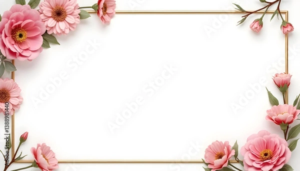 Fototapeta Flower frame, flower background. Mother's Day, Wedding, feminine, isolated flowers. flower decoration, deco, Rose, Lily, Daisy, leaves, lavender, Abutilon, white background, postcard, mock up