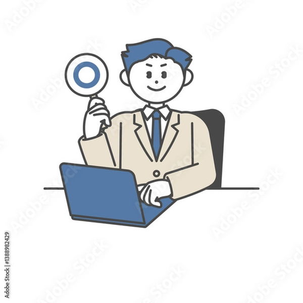 Fototapeta ノートパソコンを開いてマル印を立てる男性