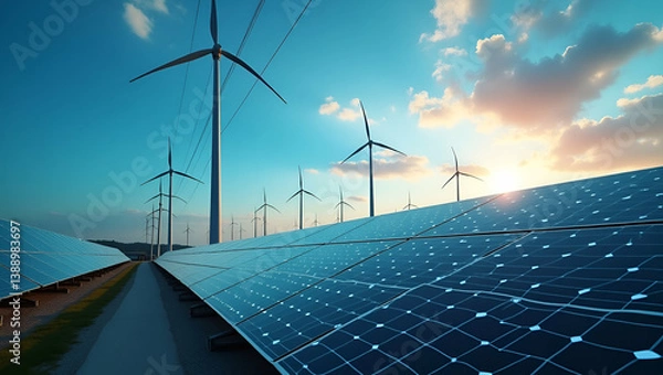 Fototapeta High efficiency sustainable energy plant utilizing advanced renewable power systems and integrated digital analytics for optimized clean power generation and distribution in  Photo Stock  Concept  and