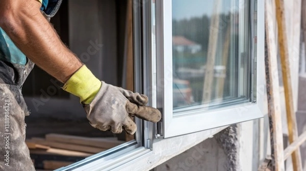 Obraz A construction worker installing windows on a building. Featuring teamwork and skill