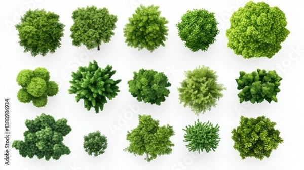 Fototapeta Top view of trees and bushes, vector graphics, flat design, white background, various shapes, green color, high resolution, no shadows, hyper-realistic details, hyper-detailed, hyper-realism, hyper-de