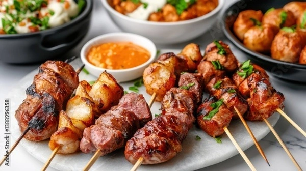 Obraz Delicious Plate of Meat Skewers Served with Flavorful Dipping Sauce