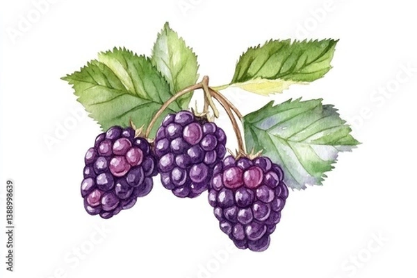 Fototapeta A watercolor painting showing some blackberries with leaves and stem