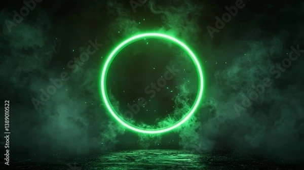 Fototapeta Green neon ring emitting powerful light beams, particles scattered in mid-air, dark cosmic background with misty effects