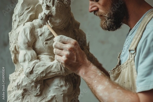 Fototapeta A bearded sculptor meticulously refines a clay statue, his focused expression highlighting the artistic process.
