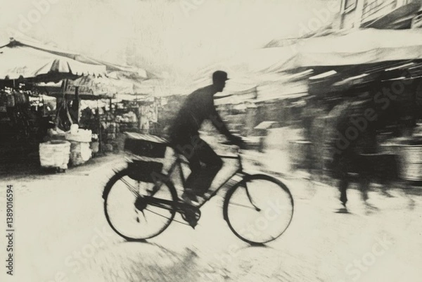 Fototapeta A blurred, monochromatic image depicts a cyclist riding through a bustling marketplace, capturing a moment of urban motion.