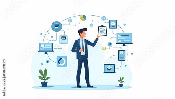 Fototapeta Innovative AI Knowledge Management Systems: Enhance Enterprise Efficiency with Smart Data Organization & Intelligent Information Retrieval - Cute Flat Vector Illustration
