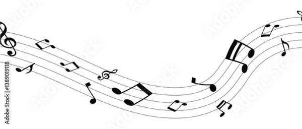 Fototapeta Vector musical melody with floating notes on staff lines. Elegant music score illustration for banners, posters, greeting cards, backgrounds, and creative projects in eps 10.