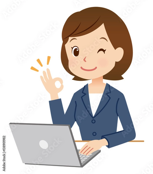 Fototapeta スーツの女性　パソコン　オッケーサイン