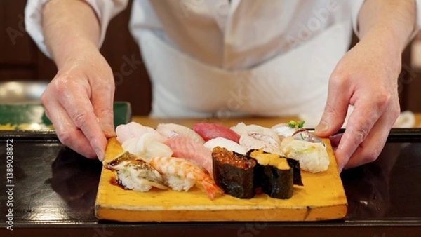 Fototapeta  寿司を差し出す料理人の手元