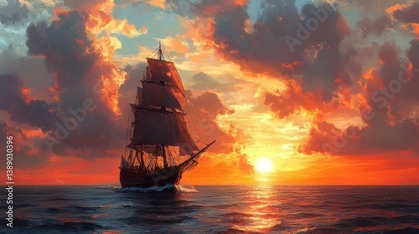 Fototapeta Majestic sailing ship at sunset on open ocean under dramatic clouds