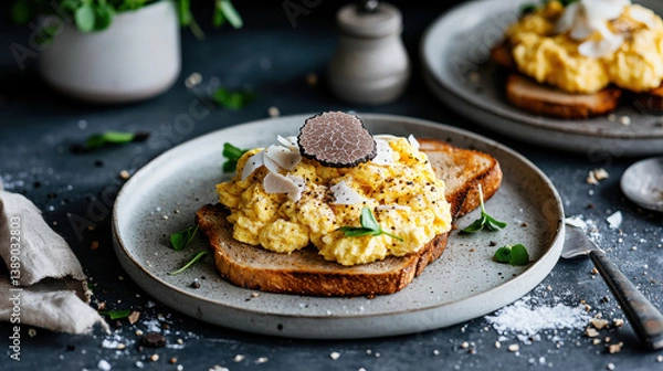Fototapeta Creamy scrambled eggs with truffle on toasted sourdough bread
