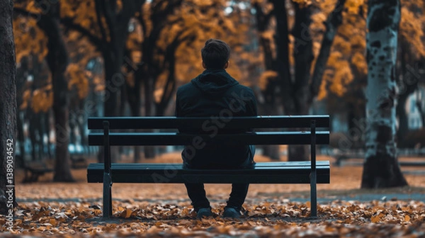Fototapeta Person sitting alone on park bench surrounded by autumn leaves