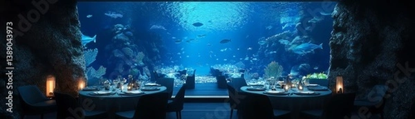 Fototapeta Luxury underwater restaurant with diners enjoying a meal surrounded by marine life.  Stunning ocean view, elegant setting.
