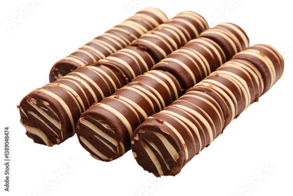 Fototapeta A close up view of four chocolate covered wafers with cream stripes on a on transparent background