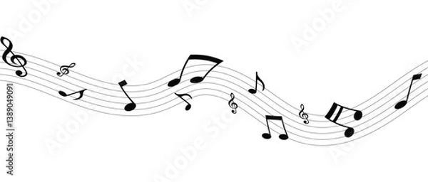 Fototapeta Musical notes wave and stave, treble and bass clef, song or sheet music design, flat vector in eps 10.
