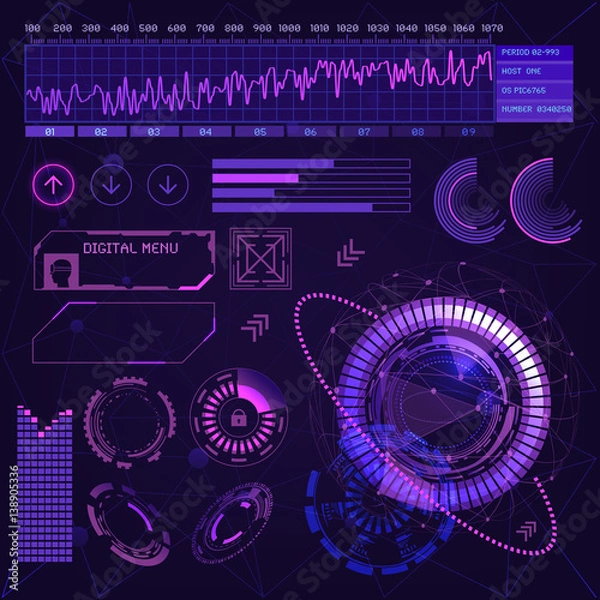 Fototapeta Set schedules HUD elements of the user interface. Collection UI futuristic virtual reality. Science abstract background