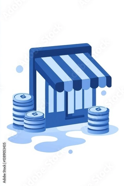 Fototapeta Illustration of a storefront with coin stacks symbolizing financial success