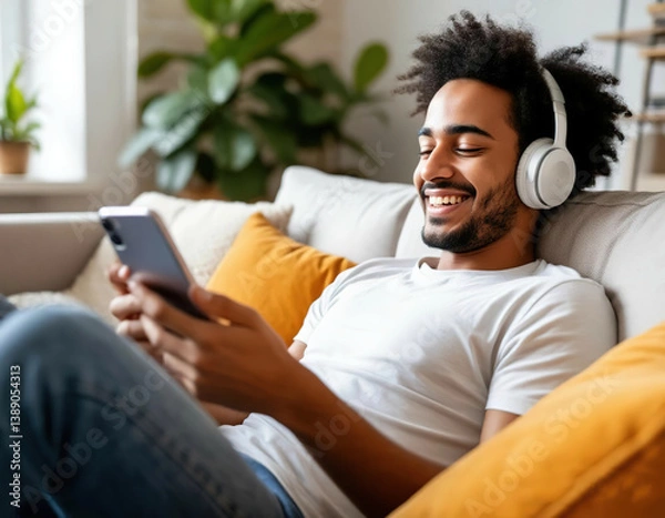 Fototapeta young man relaxing on sofa using phone and smiling. listening to music with headphones