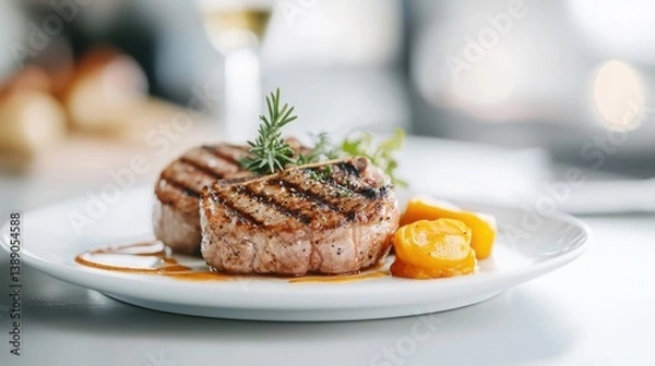 Fototapeta A beautifully plated dish featuring grilled steak, garnished with herbs and served with orange slices, showcasing culinary elegance.