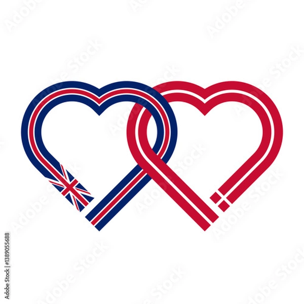 Fototapeta heart shaped ribbon of union jack and denmark flags intertwined. vector illustration isolated on white background