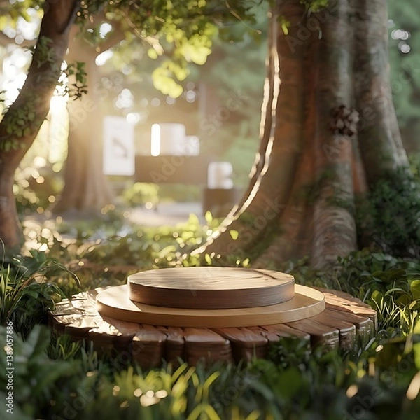 Fototapeta Creative and stylish Wooden Display Platform in a Lush Forest Setting