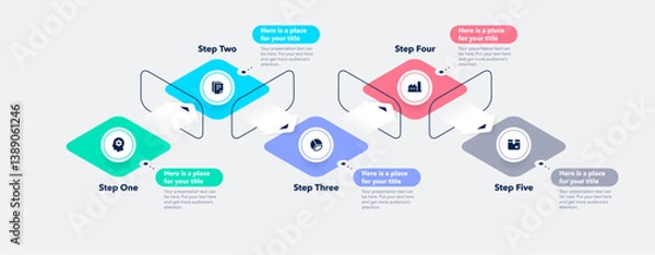 Obraz Modern infographic process digram with five steps. Isometric chart design for workflow layout, banner, web design.