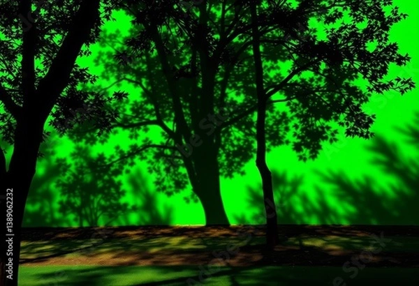 Obraz Dark tree shadows dappled on vibrant green screen, ample copy space, digital, nature