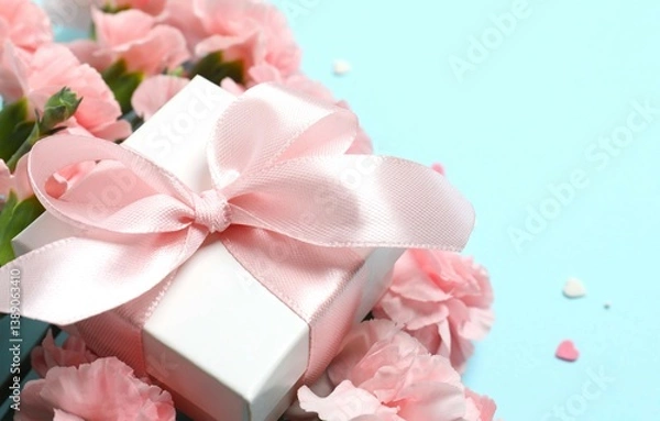 Fototapeta Beautiful bouquet of pink carnations with gift box on a colored background