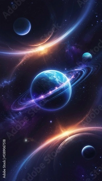 Fototapeta A mesmerizing cosmic space scene featuring distant planets surrounded by ethereal glowing light, evoking mystery and wonder in the vast universe. Perfect for sci-fi and fantasy themes. 