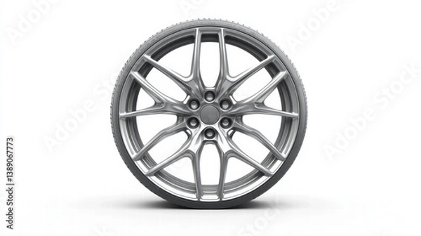 Fototapeta Wheel Rim: A close-up of a brand new, silver, modern car wheel rim on display, showcasing intricate design, smooth finish, perfect for vehicle advertising and automotive imagery.