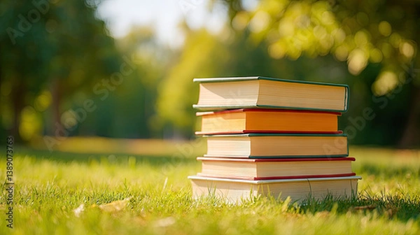 Fototapeta Stack of books on grass, outdoor reading concept, education and knowledge