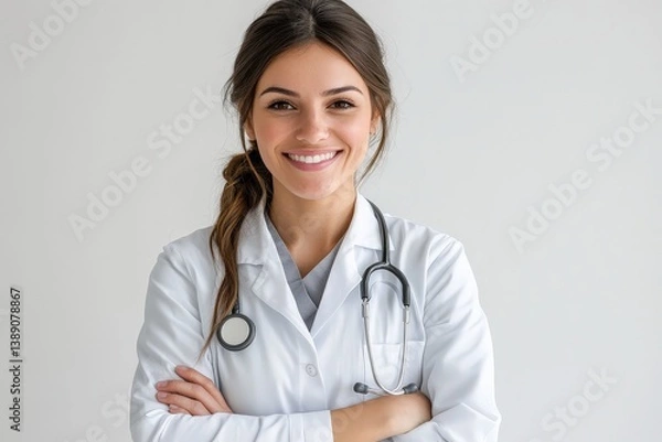 Obraz A smiling female doctor wearing a white coat and stethoscope