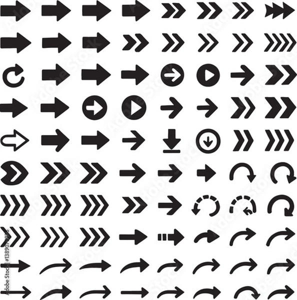 Fototapeta Modern black arrow icon set in vector style featuring various directions and shapes. Includes solid, outlined, chevron, circular, and curved arrow styles, arranged in a clean grid on white background.
