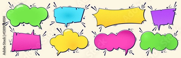 Obraz Set of eight colorful speech bubbles with halftone elements and dark tiny details and place for text.